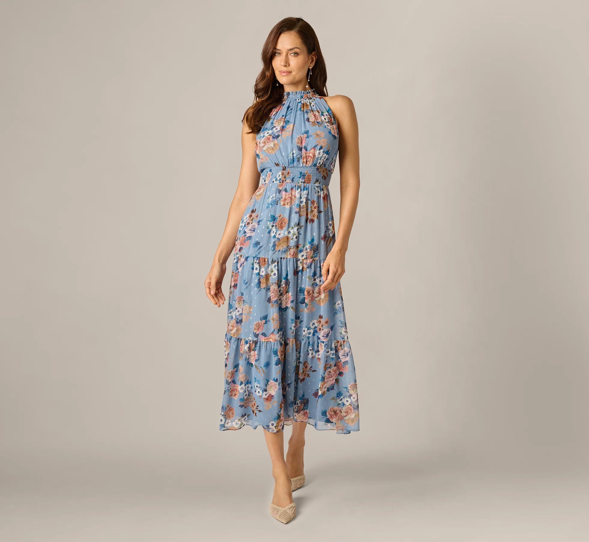 Floral Meta Chiffon Tiered Halter Midi Dress In Blue Multi