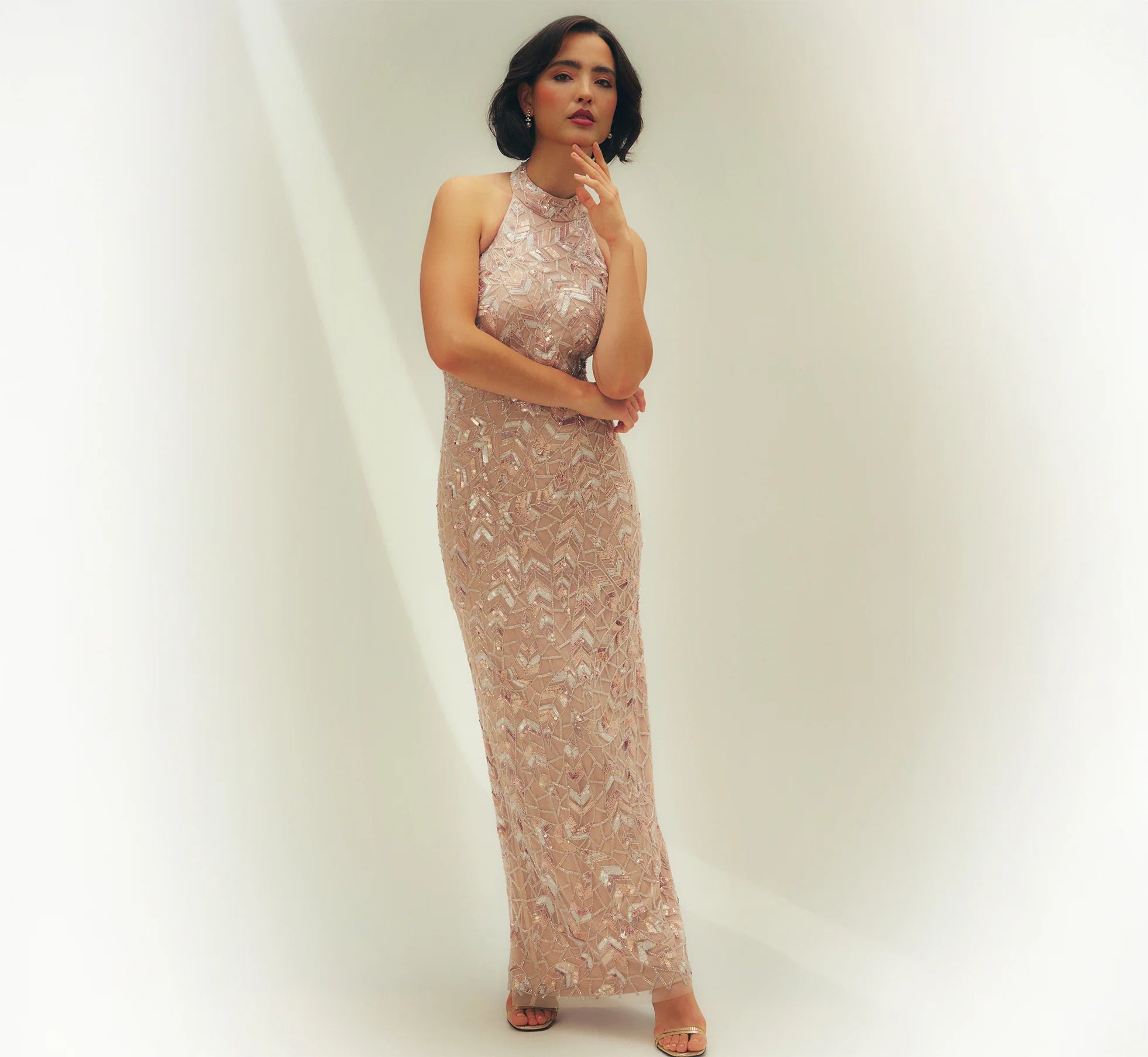 Sequin Beaded Leaf Halter Gown In Rose Quartz