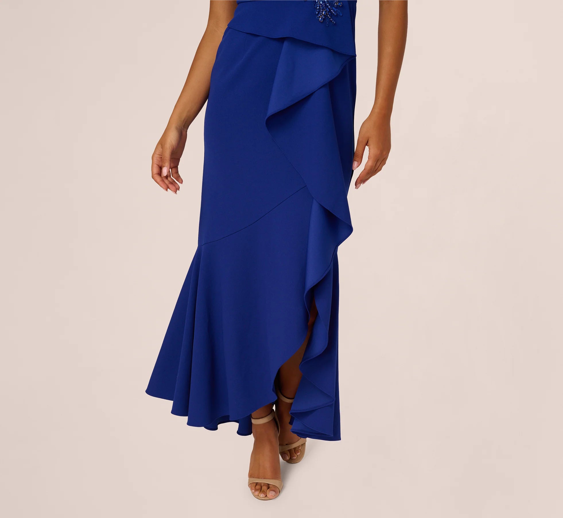 Bead Accent Crepe Halter Gown In Royal Sapphire