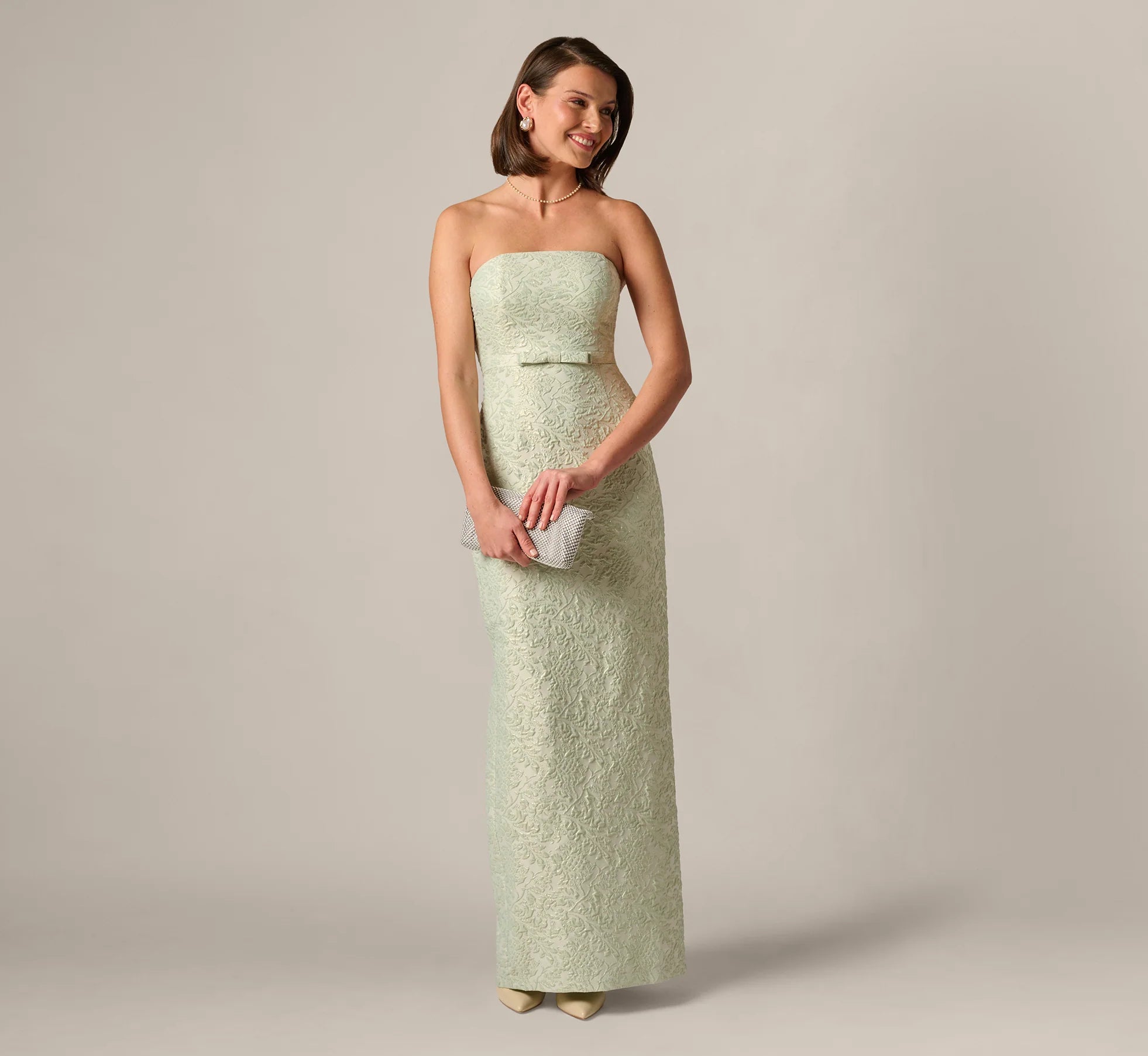 Strapless Metallic Jacquard Column Gown In Mint Glaze