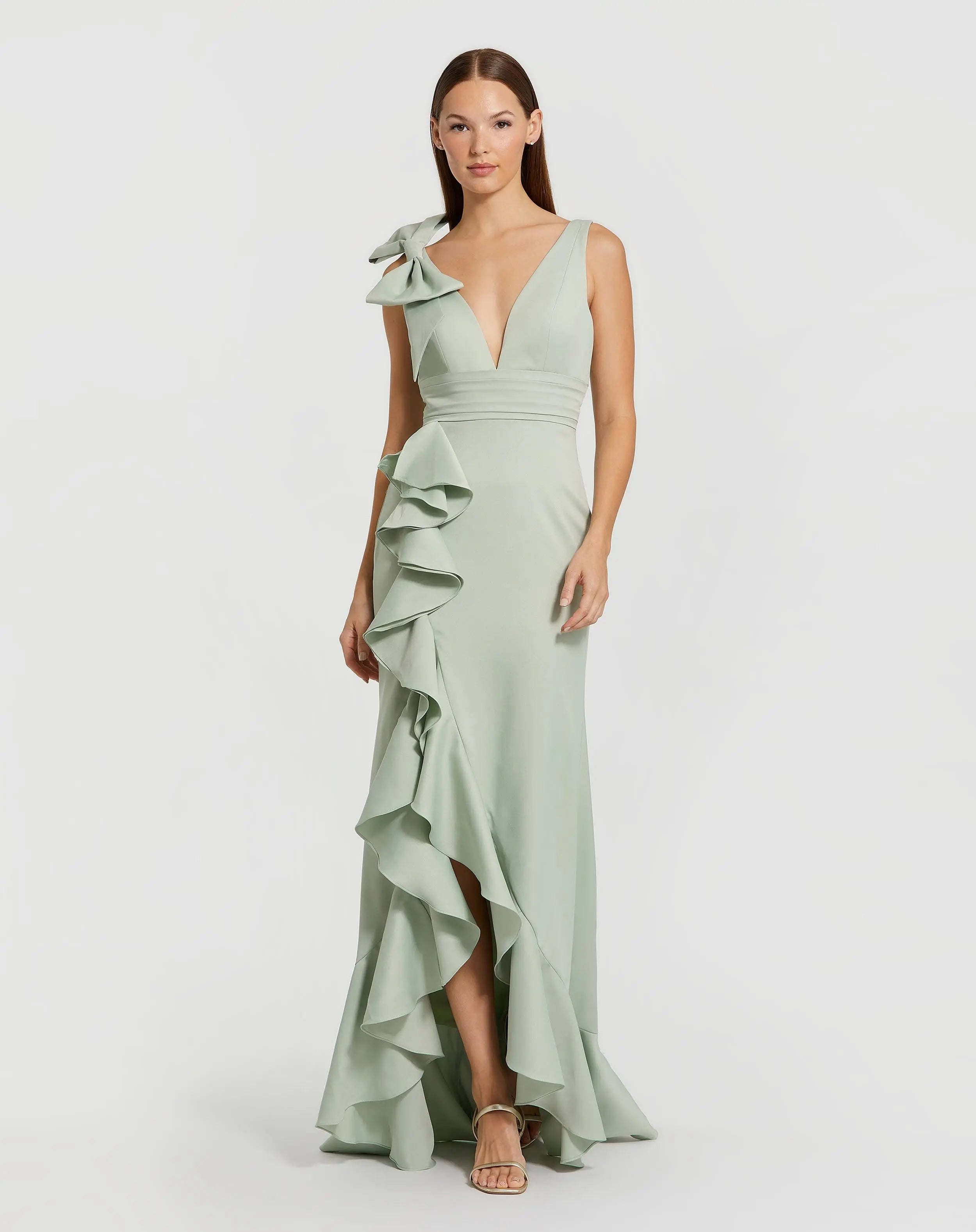 Green Sleeveless Ruffled V-Neck Gown With Bow