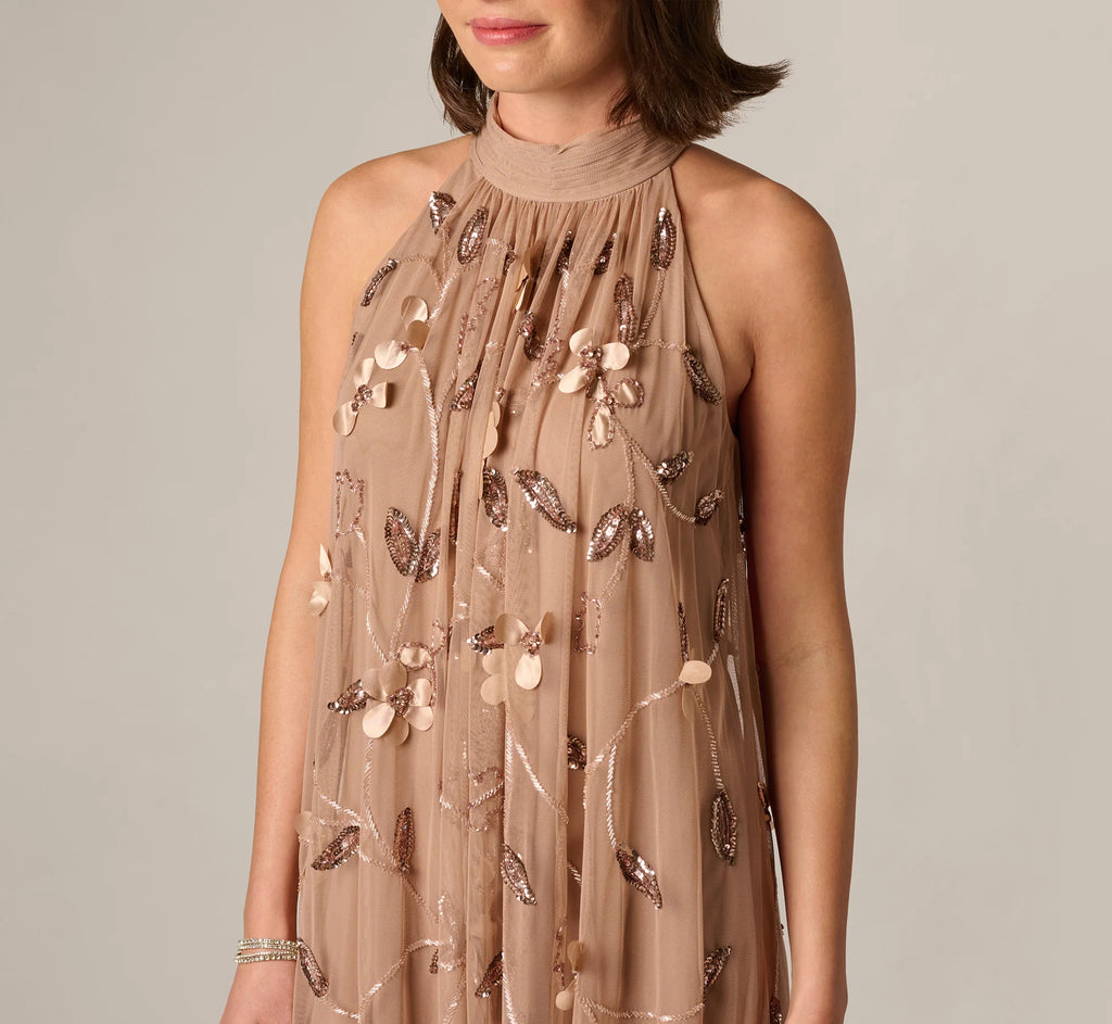 3D Floral Sequin Bead Trapeze Gown In Cafe Mocha