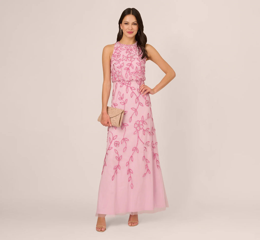 Sleeveless Blouson Mermaid Gown With Jasmine Beading In Pink Lace