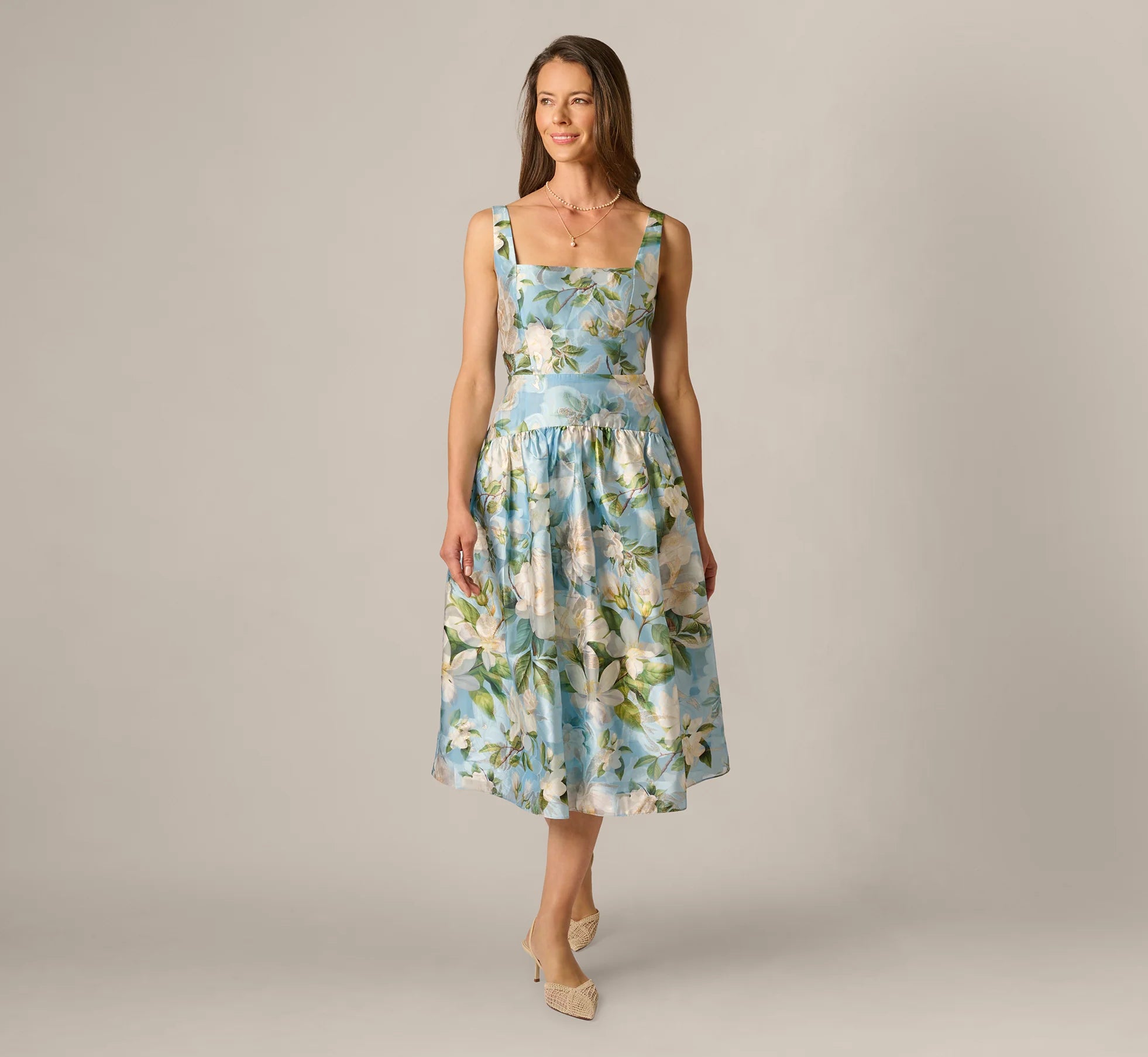 Square Neck Drop Waist Floral Jacquard Dress In Blue Multi