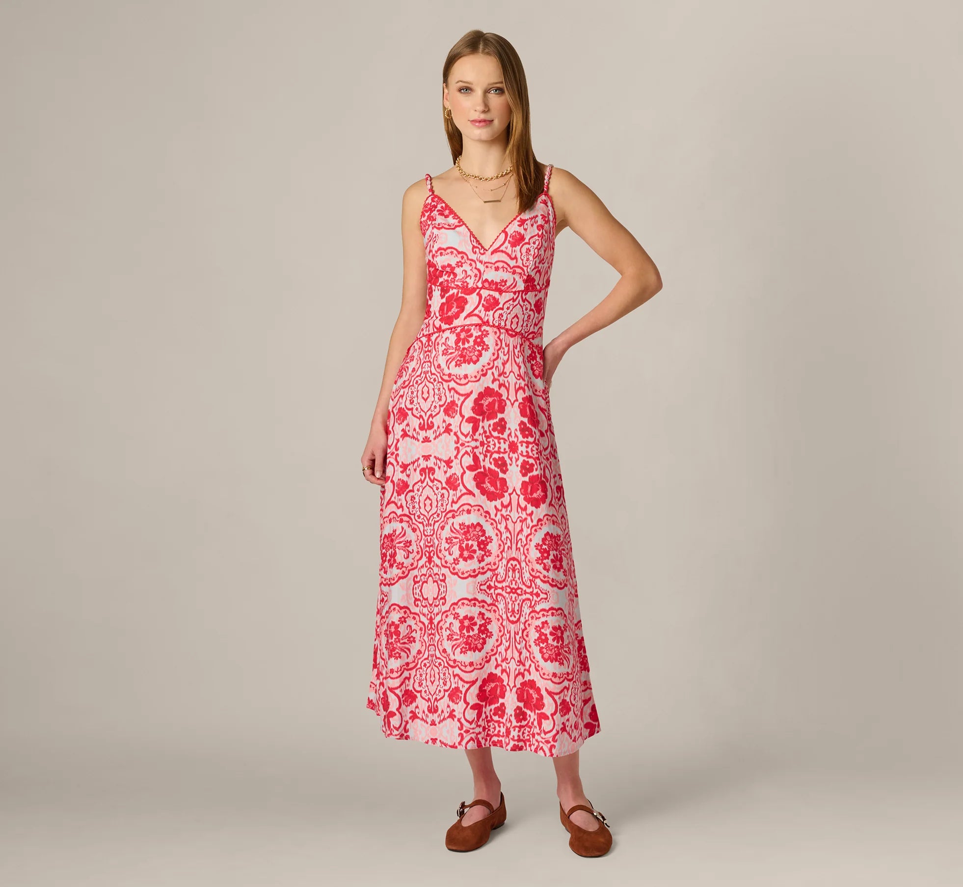 Crochet Trim Ikat Print Midi Sundress In Red Blue