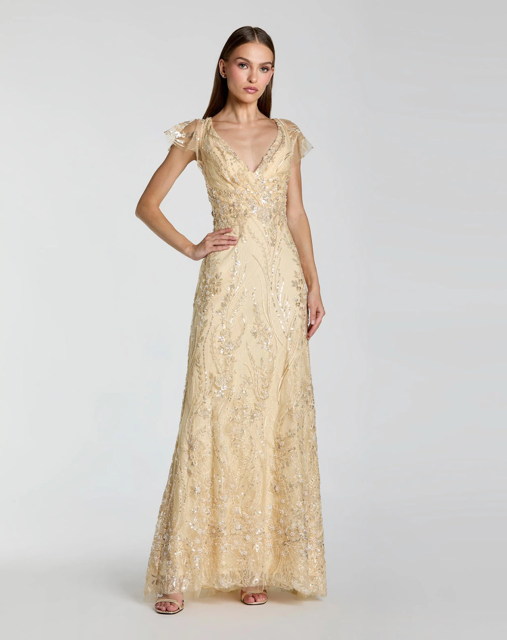 V Neck Flutter Sleeve Floral Embroidered Gown