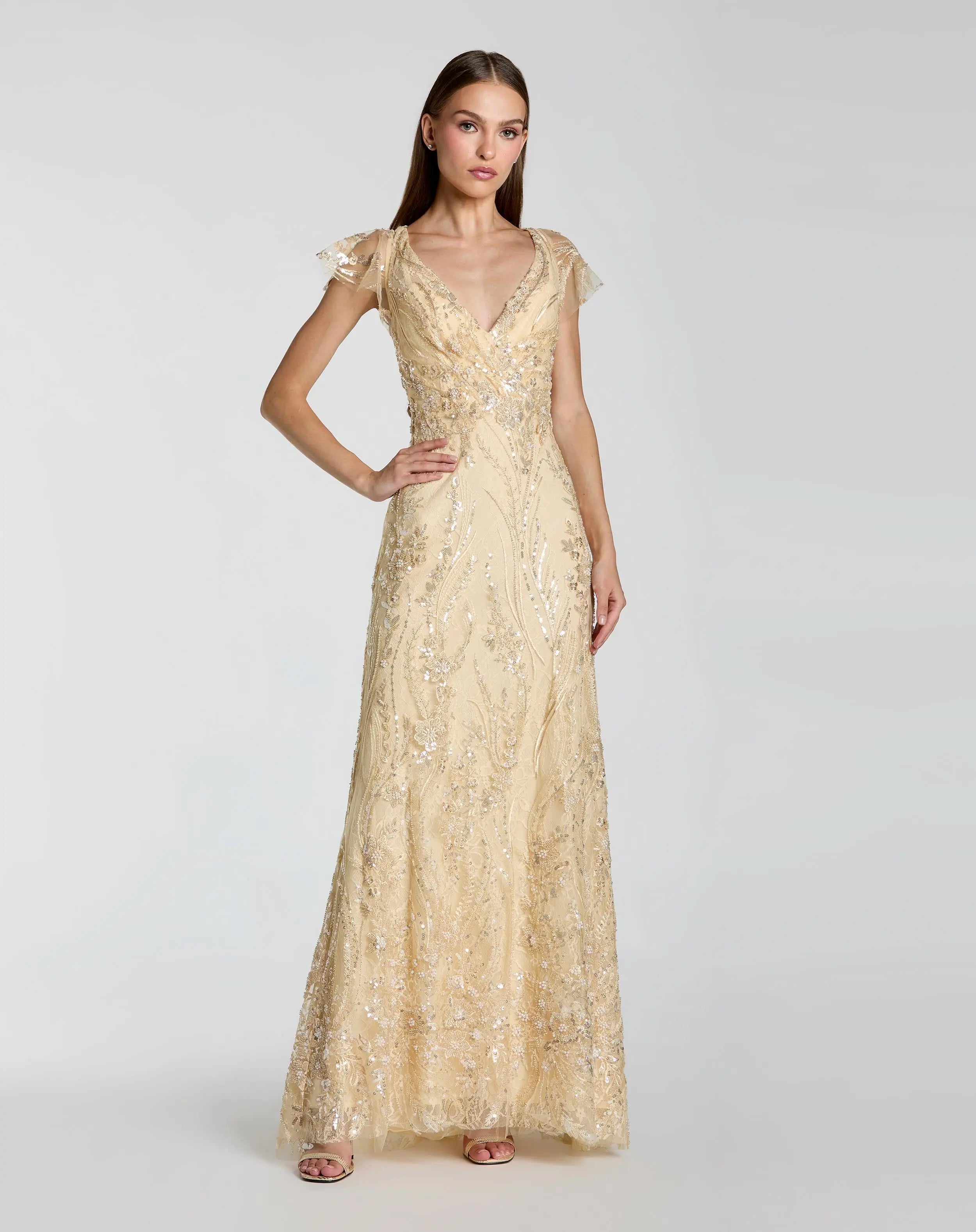 Gold V Neck Flutter Sleeve Embroidered Lace Gown