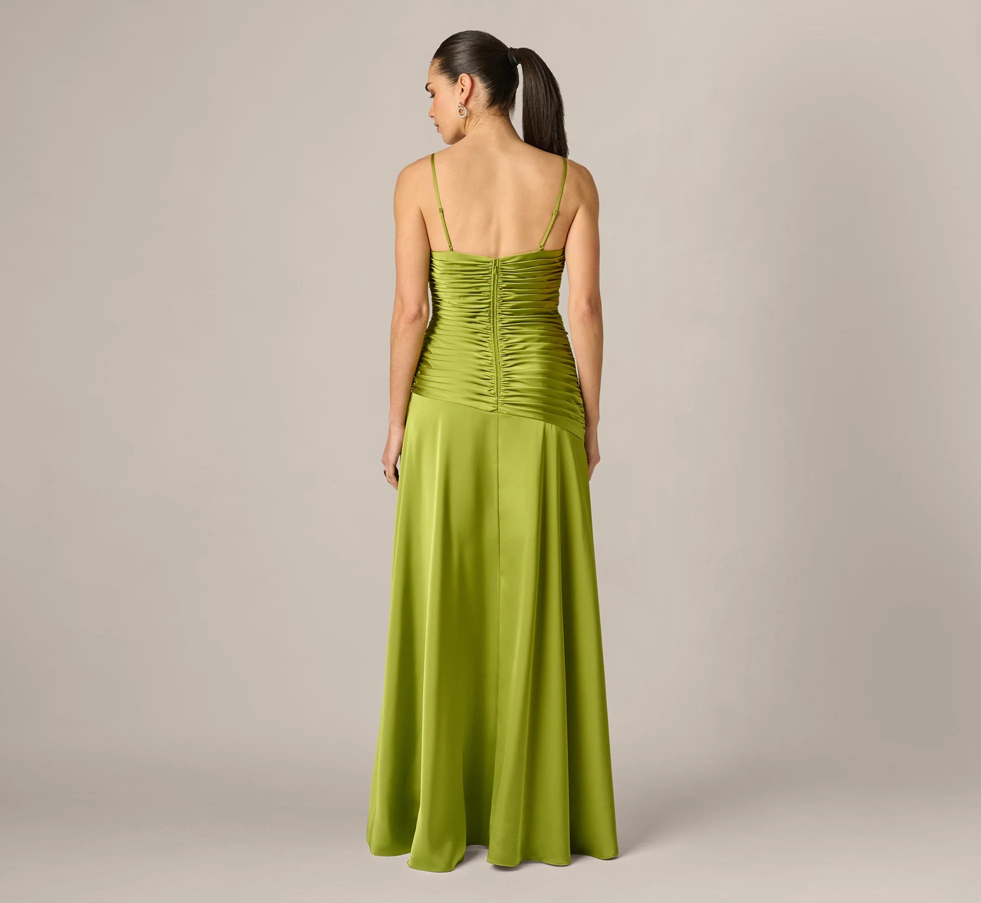 Asymmetrical High Low Stretch Satin Drop Waist Gown In Martini Olive
