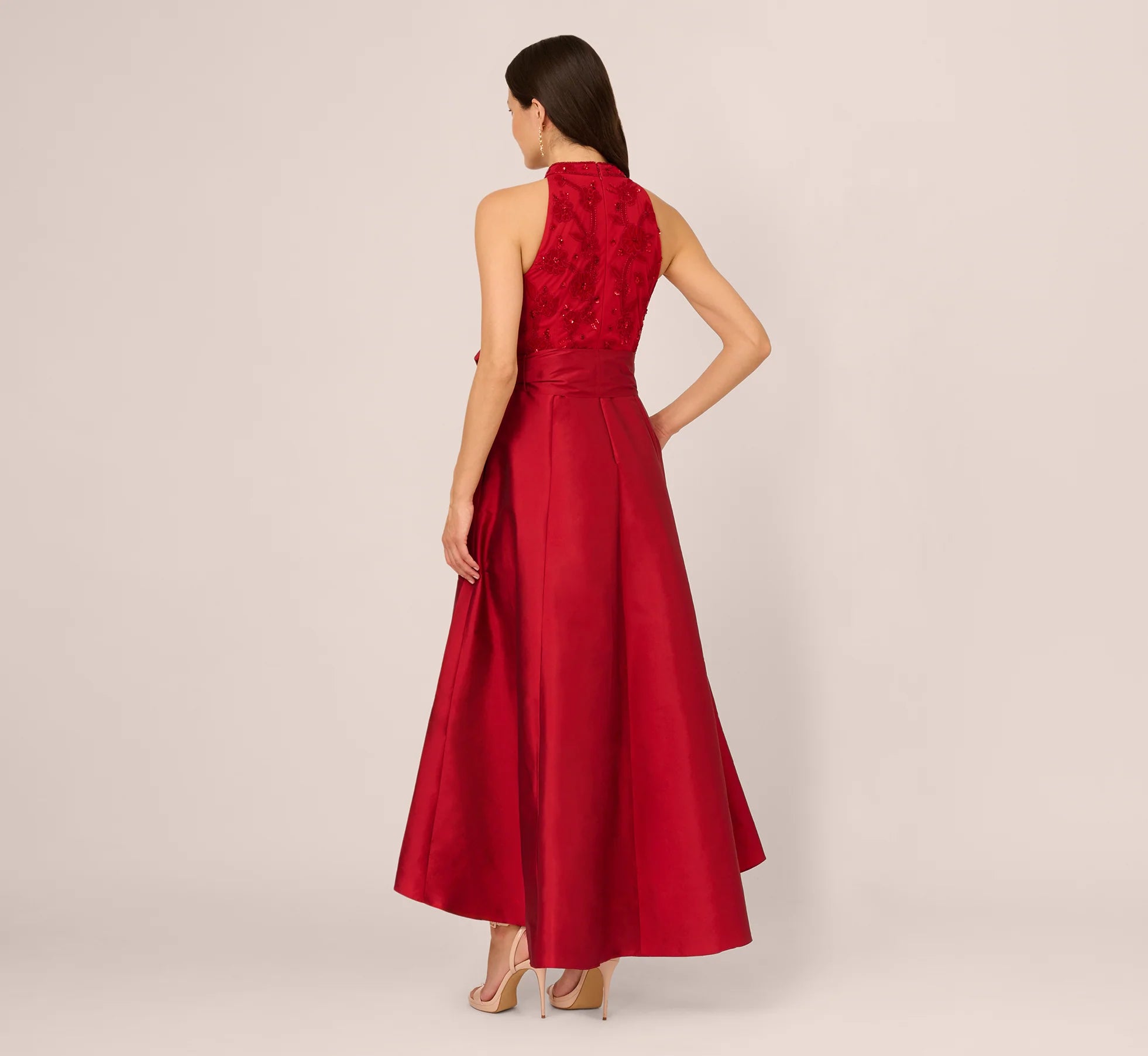 Sleeveless Beaded Taffeta High Low Combo Gown In Red