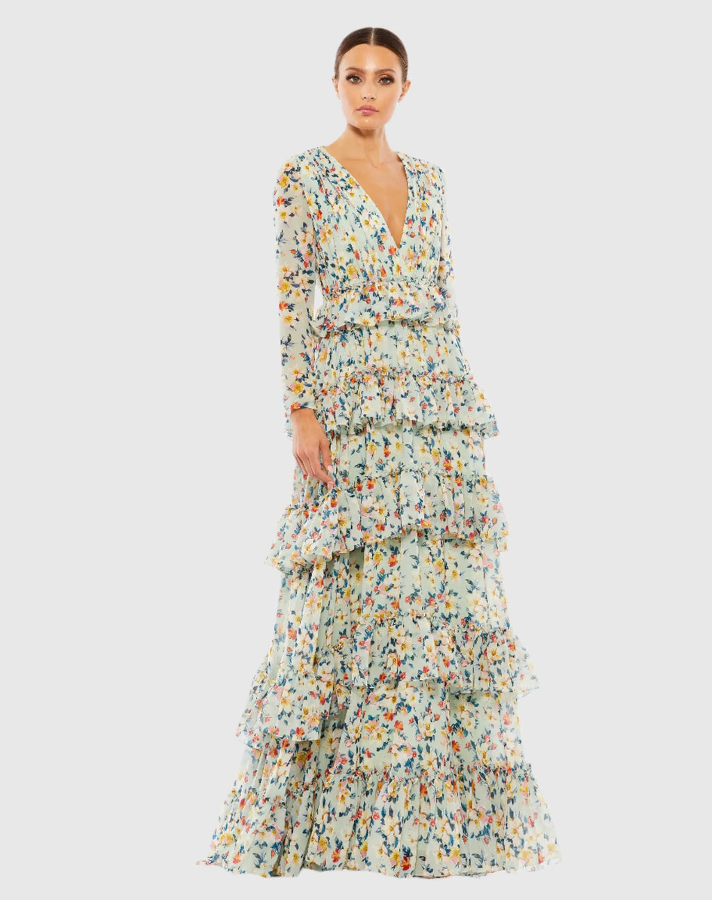 Green Floral Printed Tiered Ruffle Long Sleeve Gown