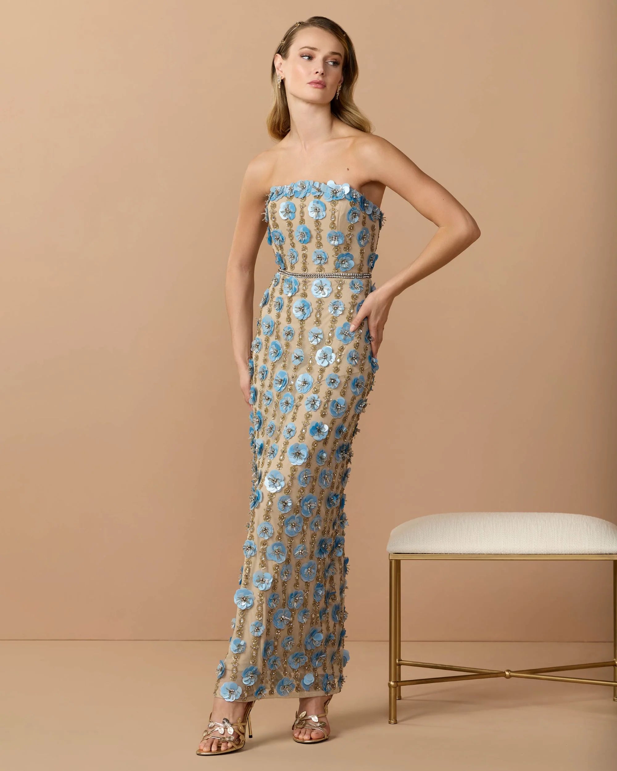 Beige Strapless 3D Floral Embellished Dress