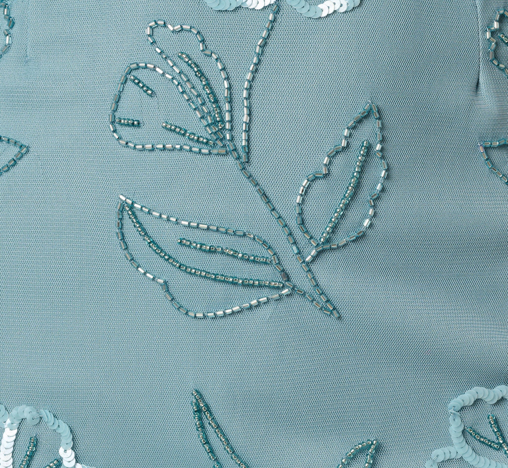 Flutter Sleeve Floral Beaded Blouson Gown In Air Sky