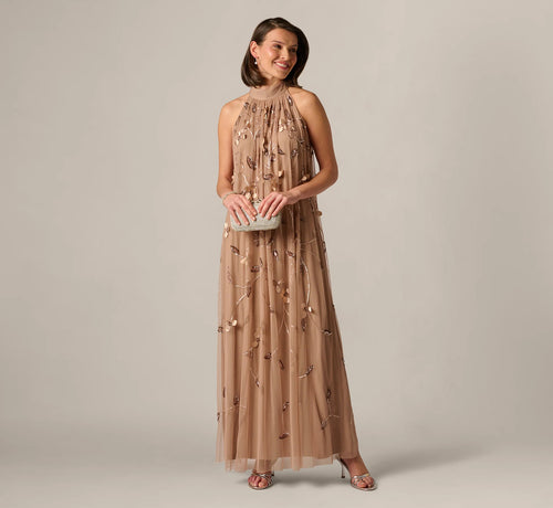 3D Floral Sequin Bead Trapeze Gown In Cafe Mocha