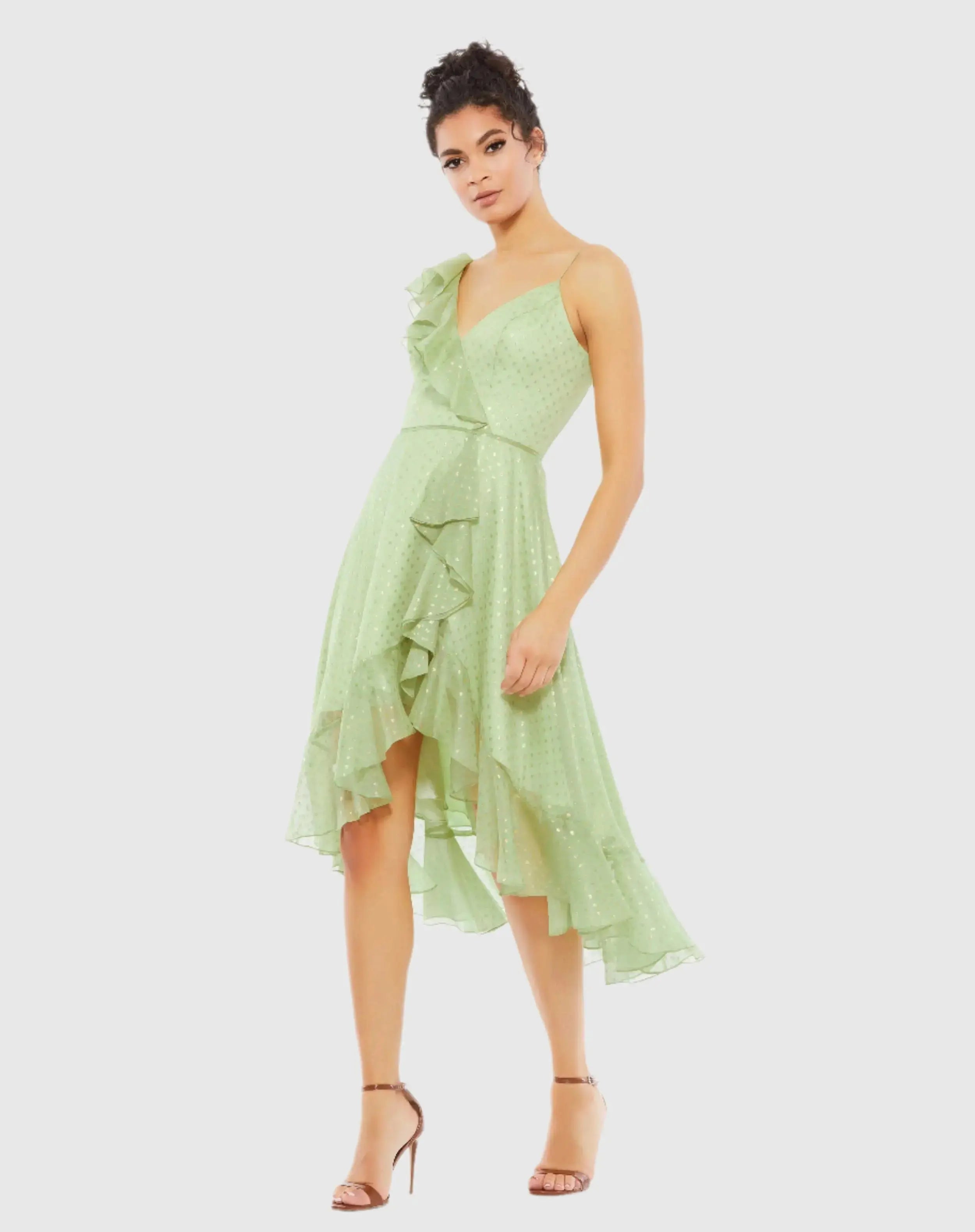 Ruffled Faux Wrap Polka Dot Midi Dress