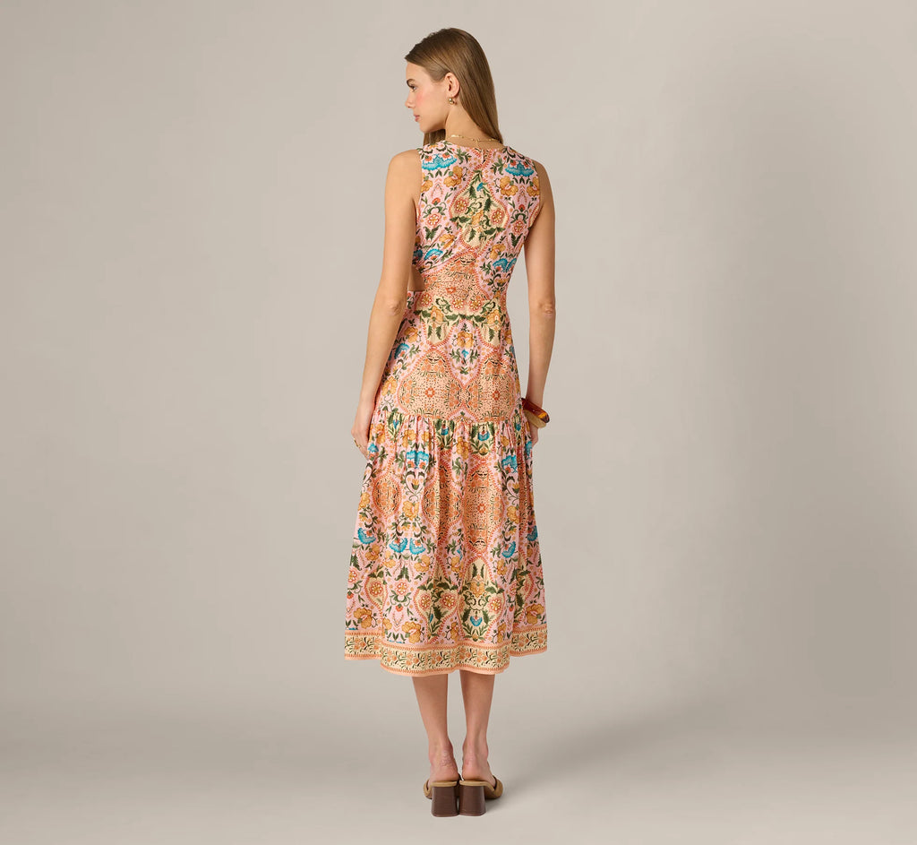 Floral Printed Cutout Drop Waist Midi Dress In Peach Multi