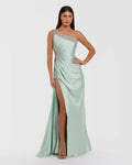 Green One Shoulder Embellished Cut Out Slit Gown