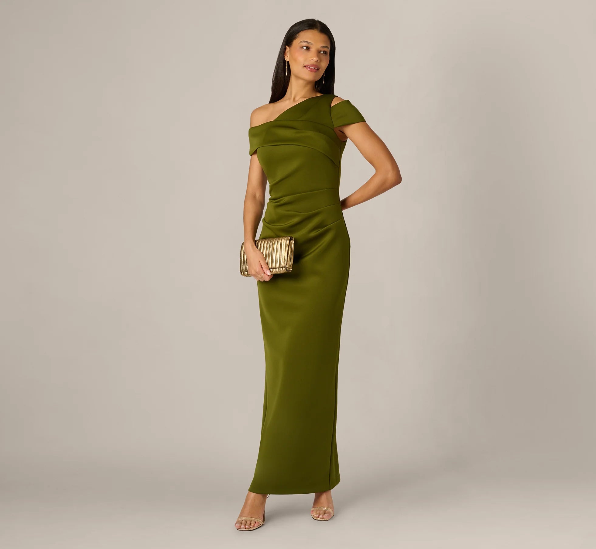 Asymmetrical Draped Column Gown In Jungle Olive