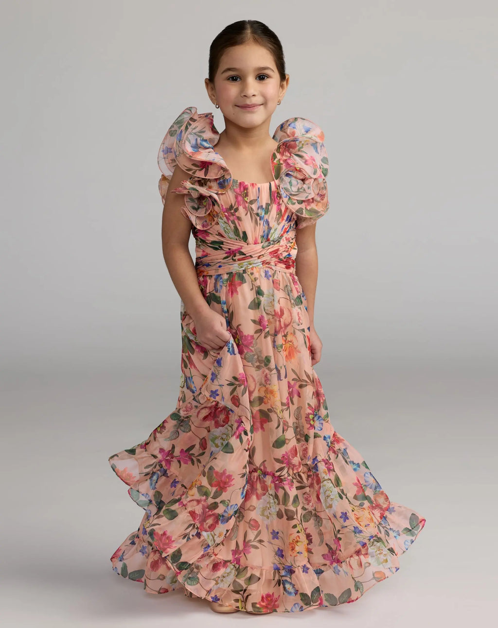 Girls Pink Floral Chiffon Ruffle Shoulder Dress