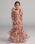 Girls Pink Floral Chiffon Ruffle Shoulder Dress