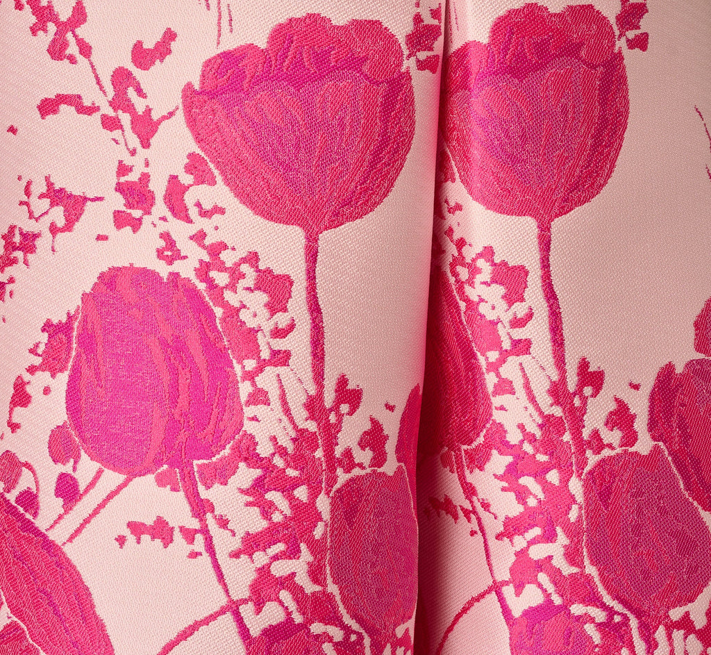 Square Neck Tulip Floral Border Jacquard Dress In Pink Multi