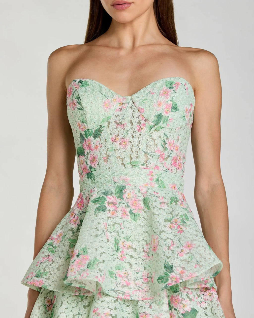 Green Floral Tiered Strapless Midi Dress