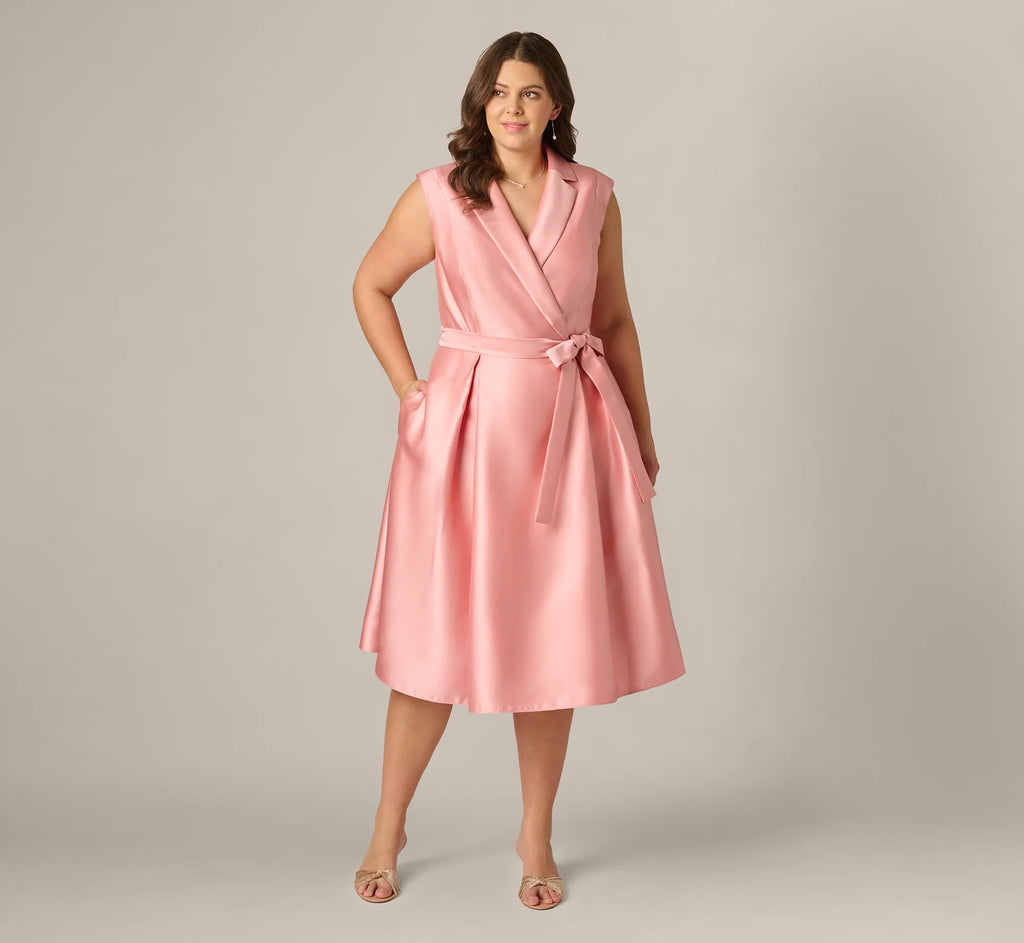 Plus Size Mikado Lapel Belted Midi Dress In Apricot Ice