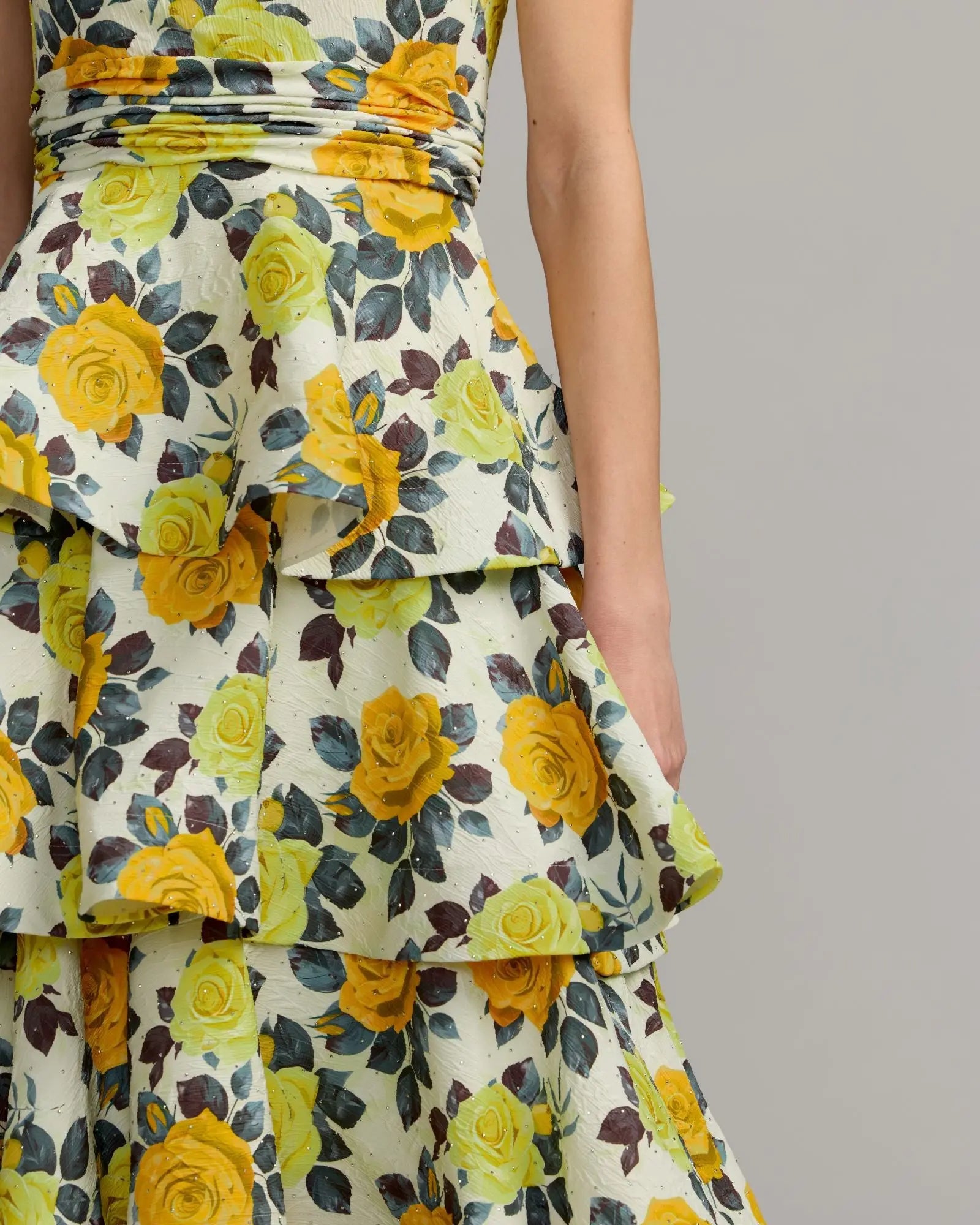 Yellow One Shoulder Floral Tiered Midi Dress