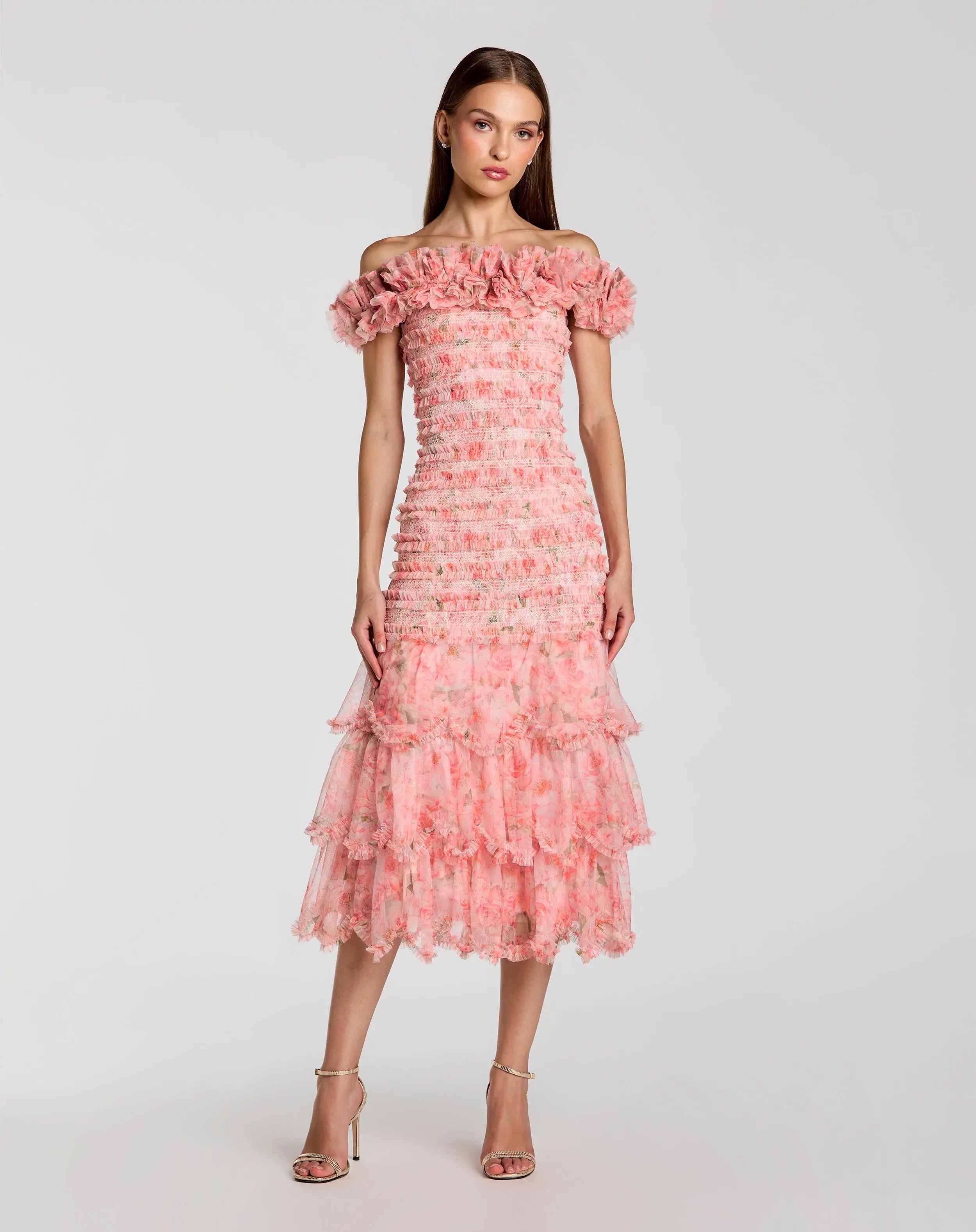 Pink Floral Off The Shoulder Ruffle Midi Dress