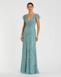 Petite Blue V-Neck Flutter Sleeve Floral Embroidered Gown