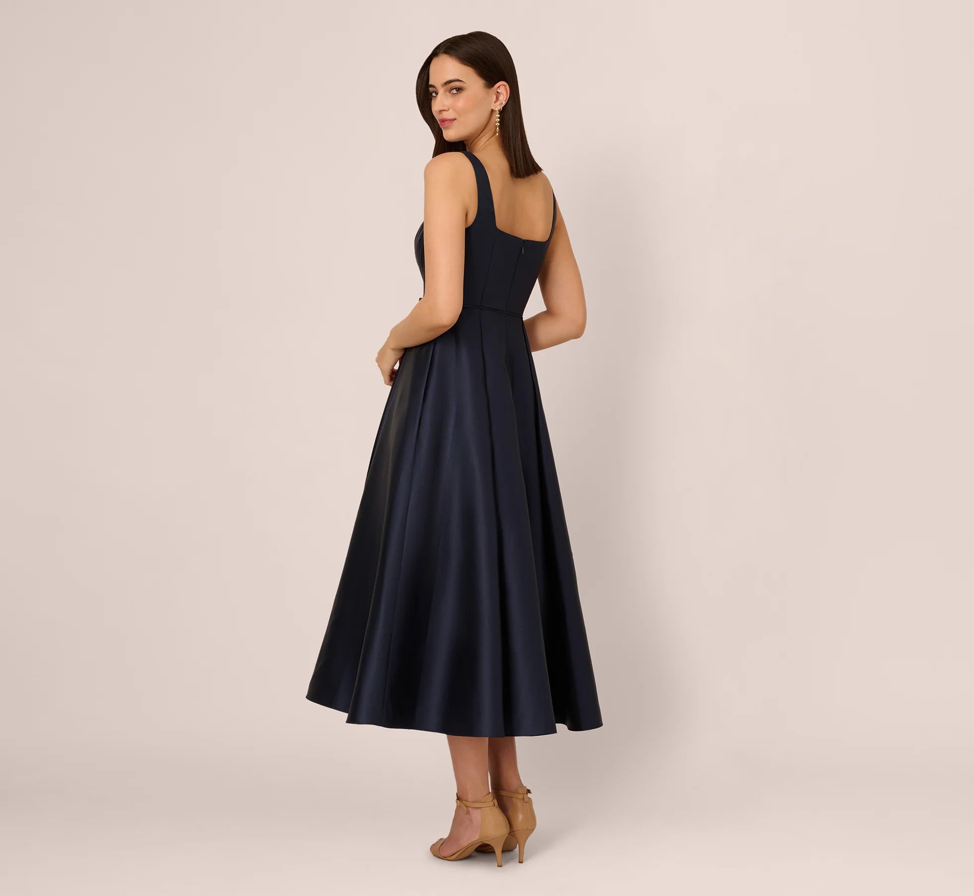 Mikado Sleeveless Square Neck Midi Dress In Midnight