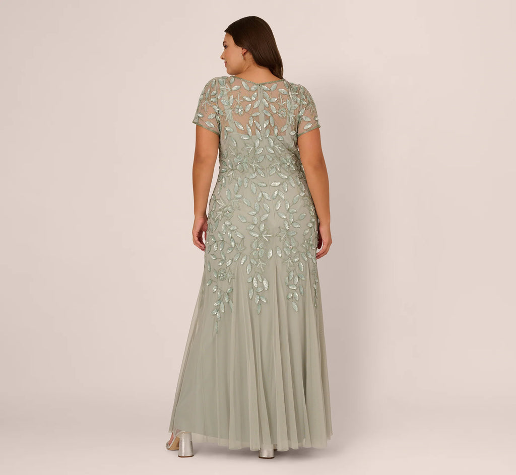 Plus Size Hand Beaded Short Sleeve Floral Godet Gown In Frosted Sage