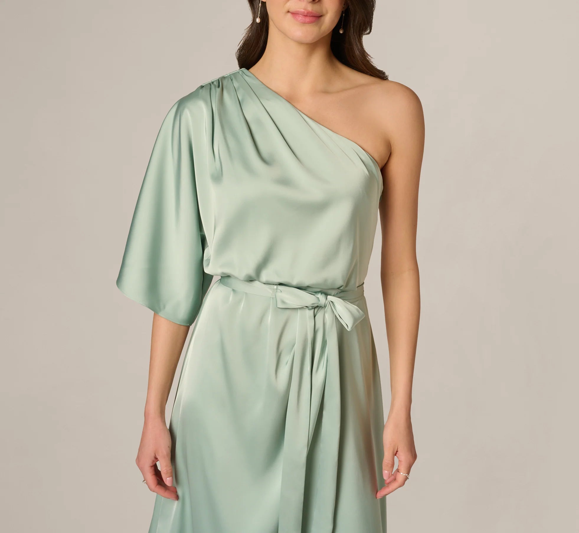Asymmetrical Draped Stretch Satin Midi Dress In Icy Sage