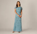 Flutter Sleeve Floral Beaded Blouson Gown In Air Sky